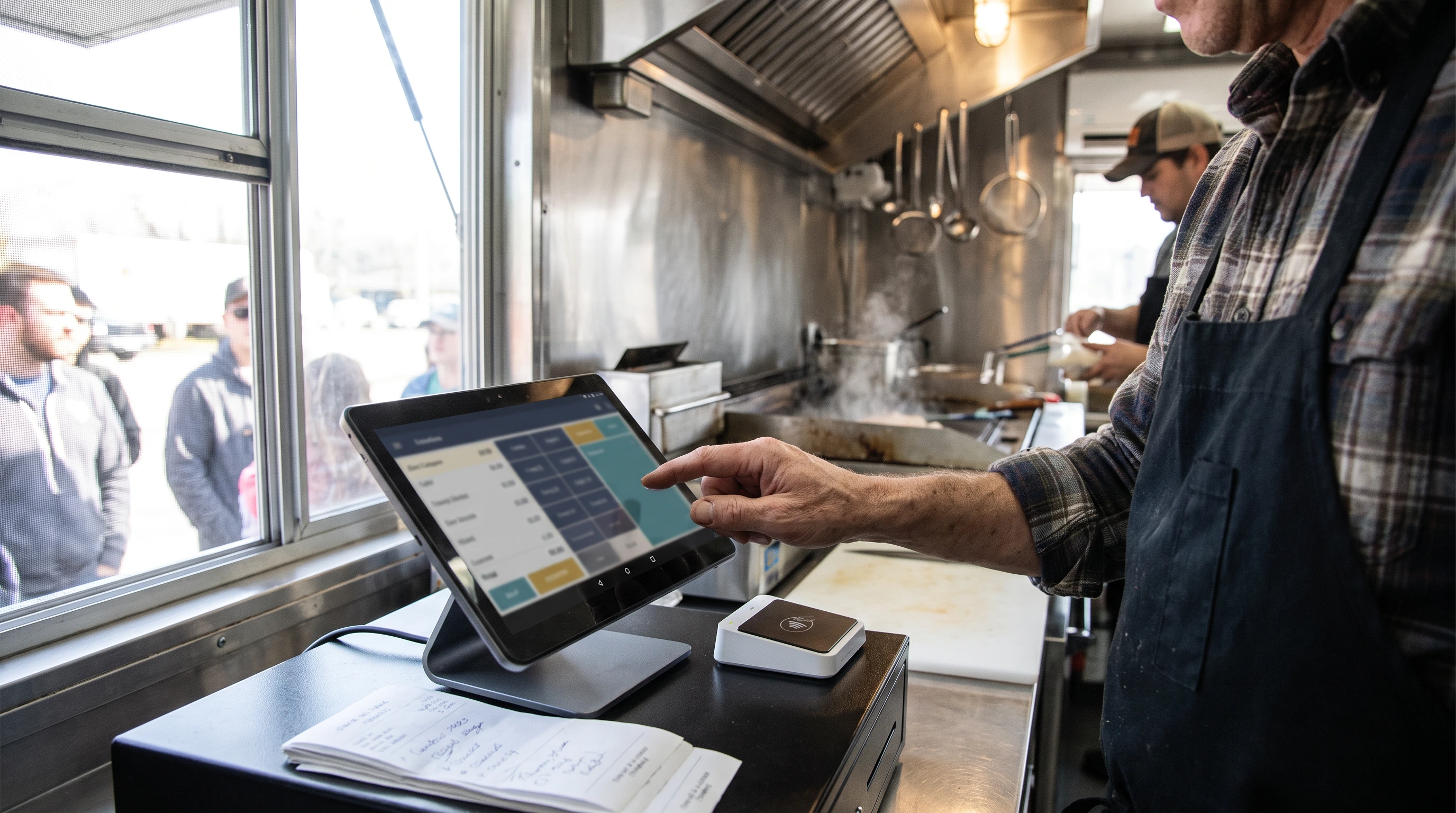 Food truck owner comparing POS system software, hardware, and payment processing costs